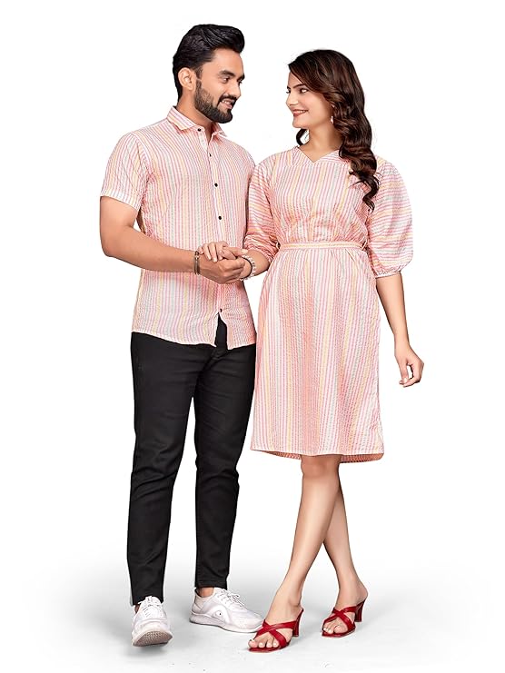 Couple Combo Set | Cotton Fabric Striped Weaving Design | Men's Shirt & Women's One Piece Dress