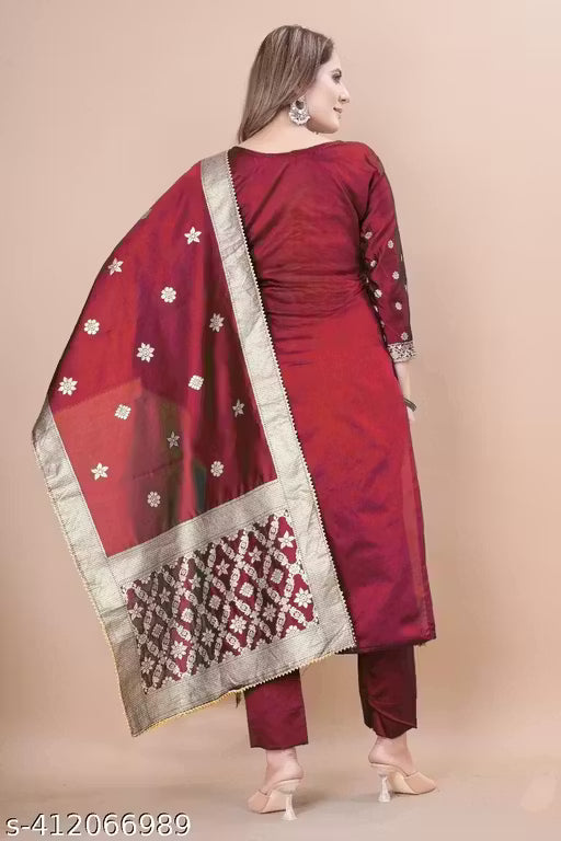 Women's Woven Design Kurta, Pant With Dupatta Set (Purple)