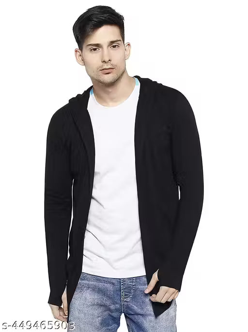 GlamStore Men White Hooded Thumbhole Open Long Cardigan Overcoat Shrug Men's Casual Solid Cotton Square Neck Collar Full Sleeves Cardigan Overcoat/Shrug