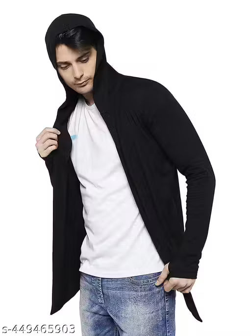 GlamStore Men White Hooded Thumbhole Open Long Cardigan Overcoat Shrug Men's Casual Solid Cotton Square Neck Collar Full Sleeves Cardigan Overcoat/Shrug