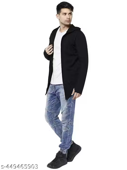 GlamStore Men White Hooded Thumbhole Open Long Cardigan Overcoat Shrug Men's Casual Solid Cotton Square Neck Collar Full Sleeves Cardigan Overcoat/Shrug