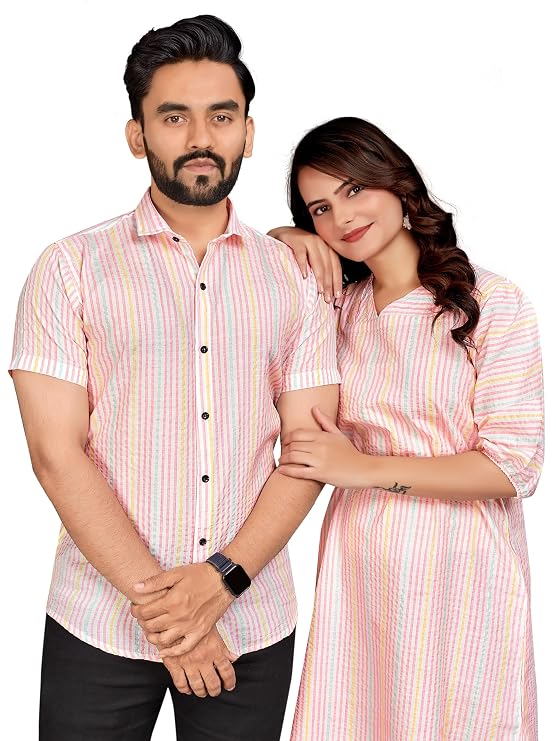 Couple Combo Set | Cotton Fabric Striped Weaving Design | Men's Shirt & Women's One Piece Dress