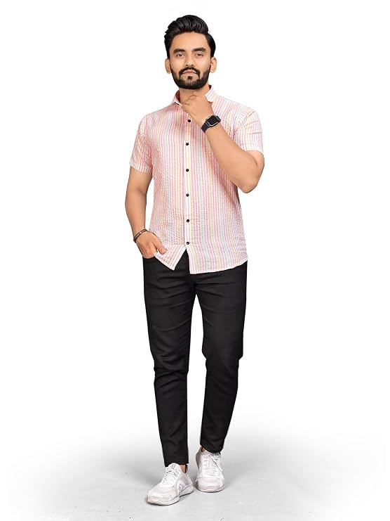 Couple Combo Set | Cotton Fabric Striped Weaving Design | Men's Shirt & Women's One Piece Dress