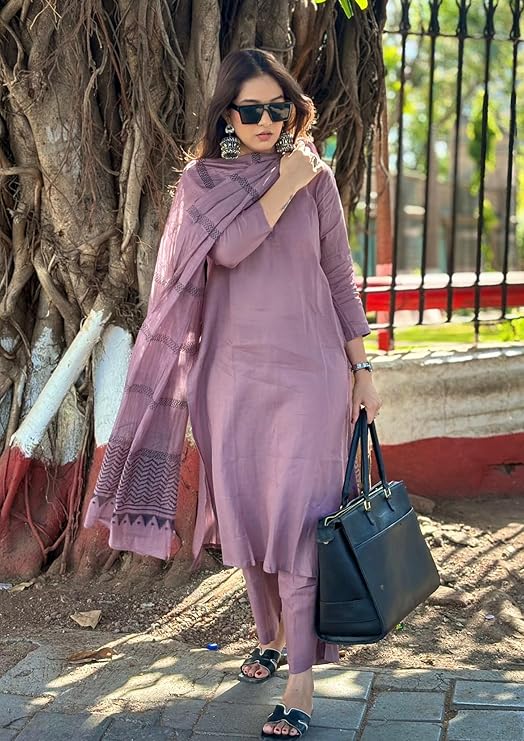 ANNI Designer Women's Rayon Blend Solid Straight Kurta with Pant & Dupatta