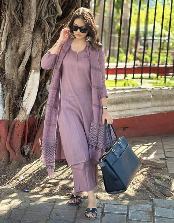 ANNI Designer Women's Rayon Blend Solid Straight Kurta with Pant & Dupatta