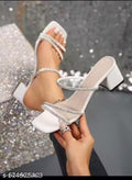 White heels, glitter sandals, block heels, party wear sandals, stylish women heels, ankle strap heels, sparkle sandals, fashion footwear, trendy heels for girls, wedding wear sandals, shimmer block heels, evening footwear