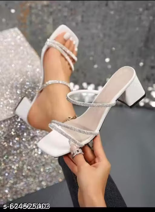 White heels, glitter sandals, block heels, party wear sandals, stylish women heels, ankle strap heels, sparkle sandals, fashion footwear, trendy heels for girls, wedding wear sandals, shimmer block heels, evening footwear