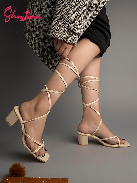 Shoetopia Elegant Block Heel Sandals with Gladiator Detail | Chic Lace-Up Straps | Comfortable Summer Footwear for Women