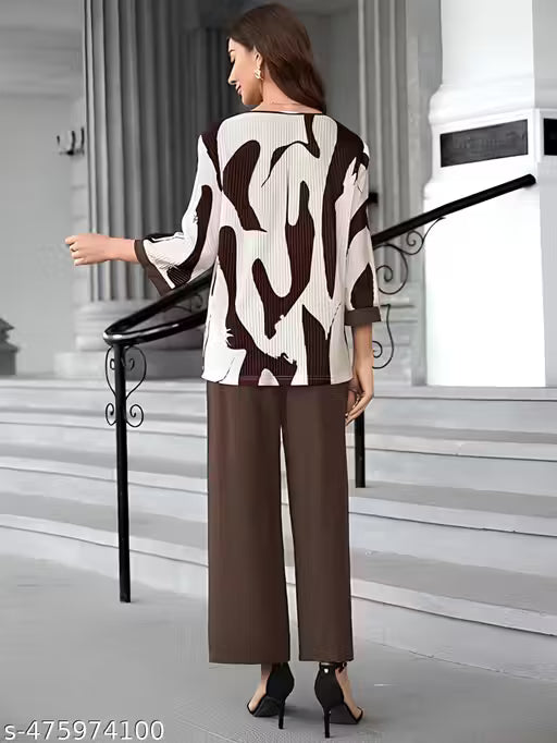 Jumpsuits, Chic Coffee Brown Abstract Print Two-Piece Western Set, Trendy Western Wear Co-ord Set for Women, Modern Abstract Print Top and Wide Leg Pant Set, Stylish Round Neck Top & Wide Leg Pant Pair.