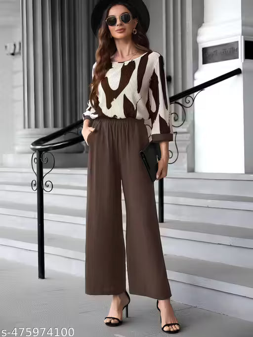 Jumpsuits, Chic Coffee Brown Abstract Print Two-Piece Western Set, Trendy Western Wear Co-ord Set for Women, Modern Abstract Print Top and Wide Leg Pant Set, Stylish Round Neck Top & Wide Leg Pant Pair.