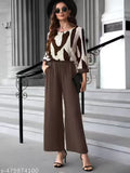Jumpsuits, Chic Coffee Brown Abstract Print Two-Piece Western Set, Trendy Western Wear Co-ord Set for Women, Modern Abstract Print Top and Wide Leg Pant Set, Stylish Round Neck Top & Wide Leg Pant Pair.