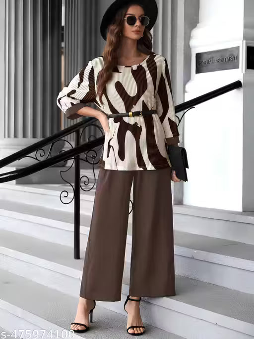 Jumpsuits, Chic Coffee Brown Abstract Print Two-Piece Western Set, Trendy Western Wear Co-ord Set for Women, Modern Abstract Print Top and Wide Leg Pant Set, Stylish Round Neck Top & Wide Leg Pant Pair.