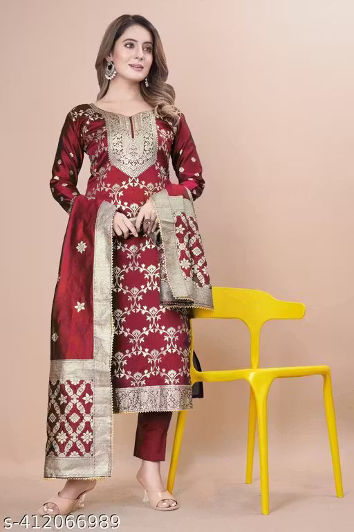Women's Woven Design Kurta, Pant With Dupatta Set (Purple)