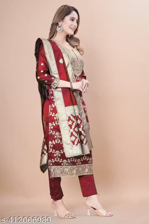 Women's Woven Design Kurta, Pant With Dupatta Set (Purple)