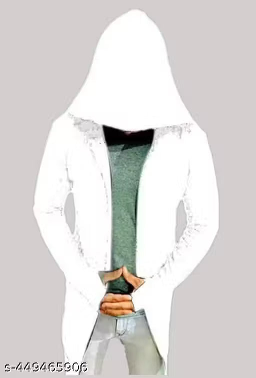 GlamStore Men White Hooded Thumbhole Open Long Cardigan Overcoat Shrug Men's Casual Solid Cotton Square Neck Collar Full Sleeves Cardigan Overcoat/Shrug