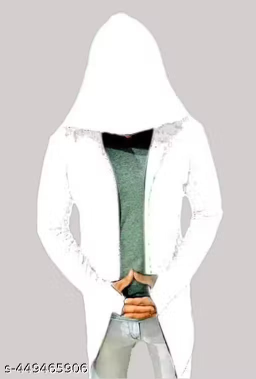 GlamStore Men White Hooded Thumbhole Open Long Cardigan Overcoat Shrug Men's Casual Solid Cotton Square Neck Collar Full Sleeves Cardigan Overcoat/Shrug