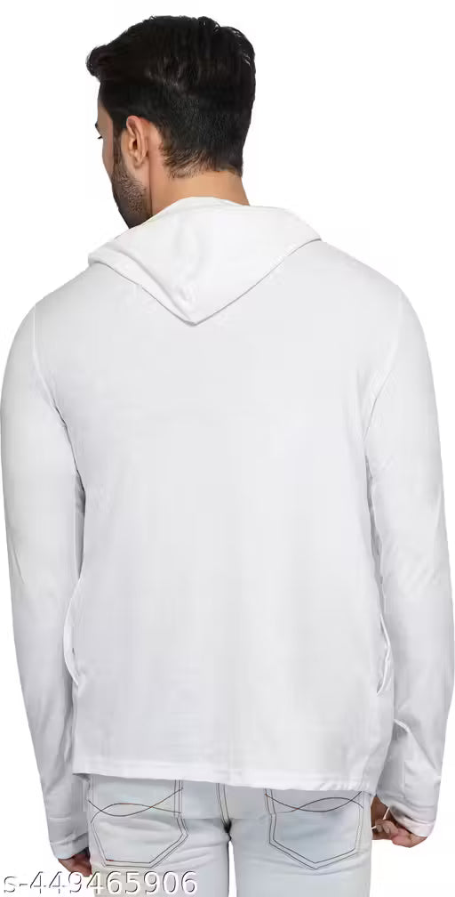 GlamStore Men White Hooded Thumbhole Open Long Cardigan Overcoat Shrug Men's Casual Solid Cotton Square Neck Collar Full Sleeves Cardigan Overcoat/Shrug