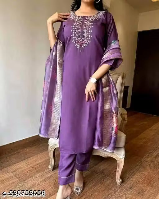 EVA .FASHION Fancy Reyon Slub Kurta Set With Dupatta