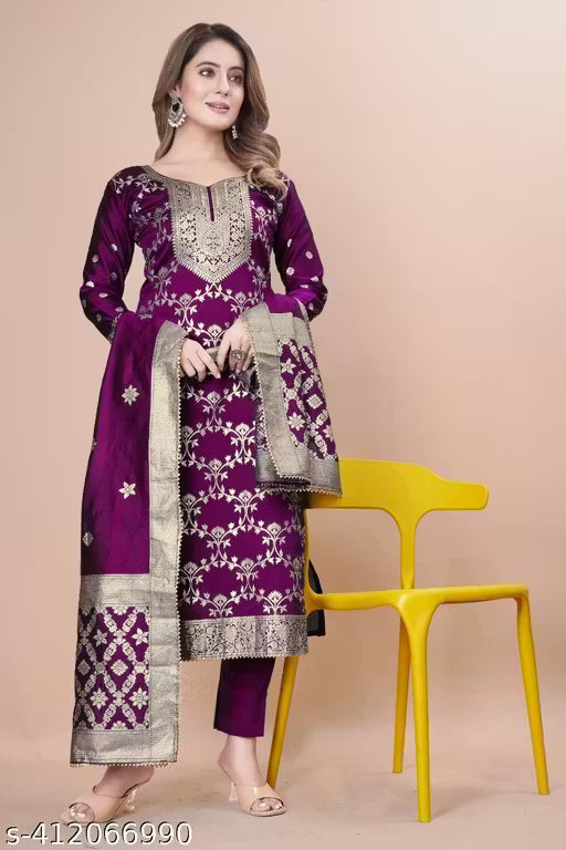 Women's Woven Design Kurta, Pant With Dupatta Set (Purple)