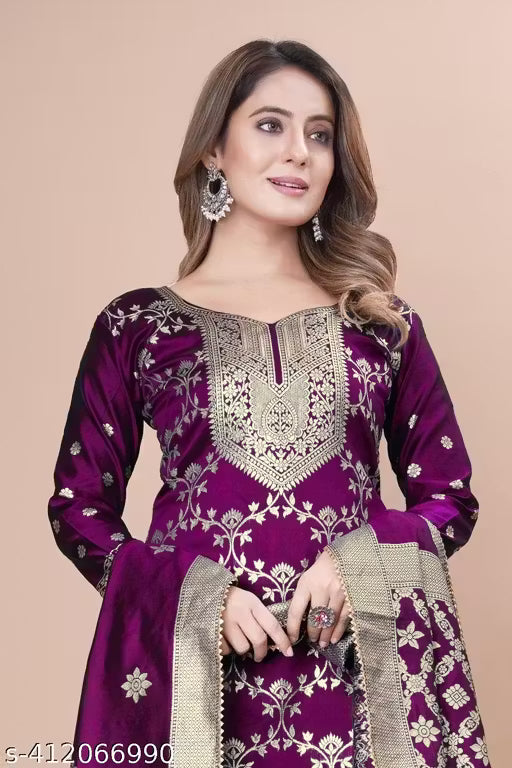 Women's Woven Design Kurta, Pant With Dupatta Set (Purple)