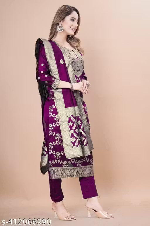 Women's Woven Design Kurta, Pant With Dupatta Set (Purple)