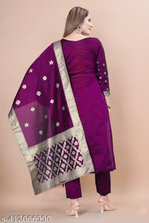 Women's Woven Design Kurta, Pant With Dupatta Set (Purple)